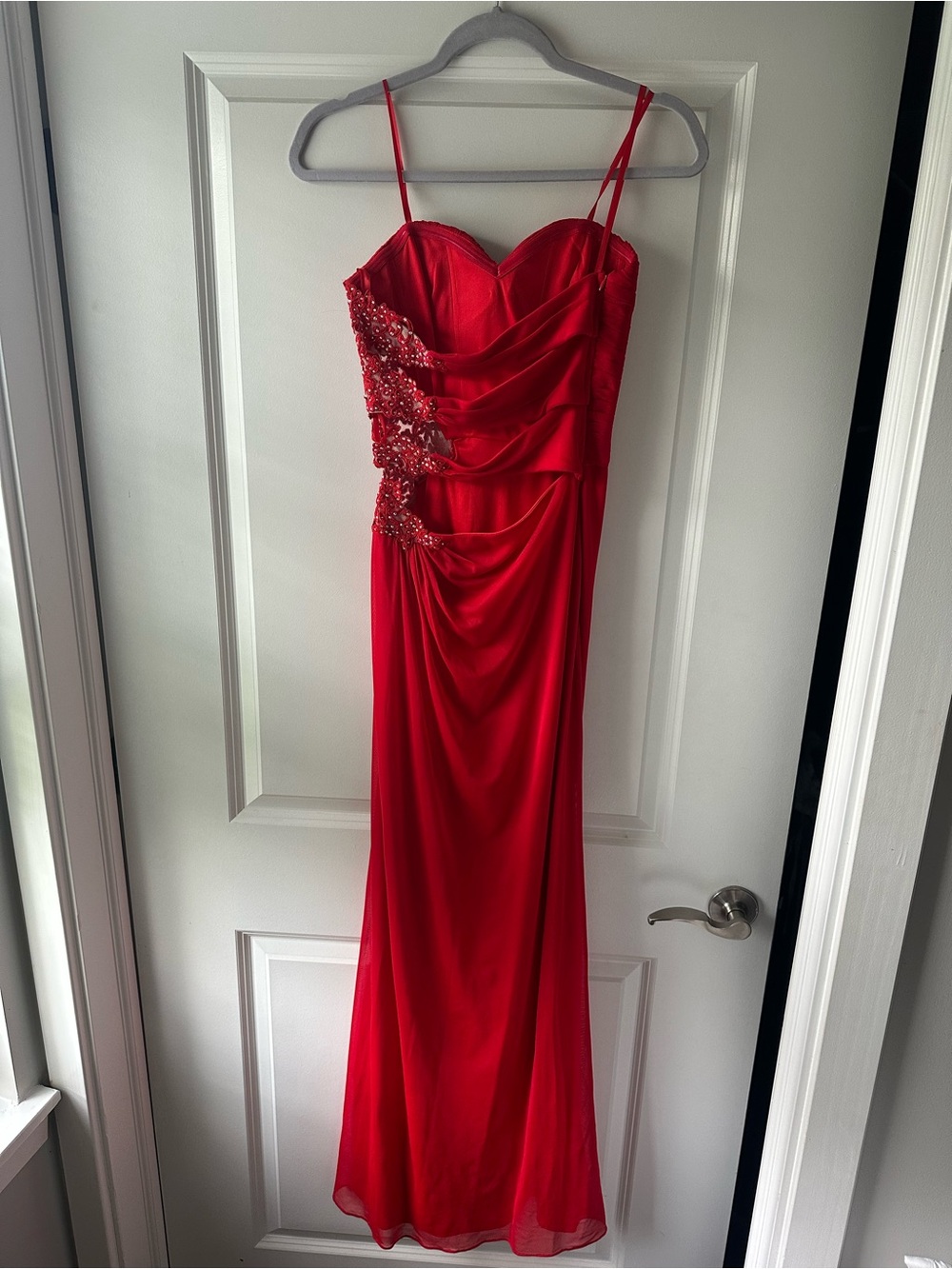 David's Bridal Red Strapless Beaded Evening Gown